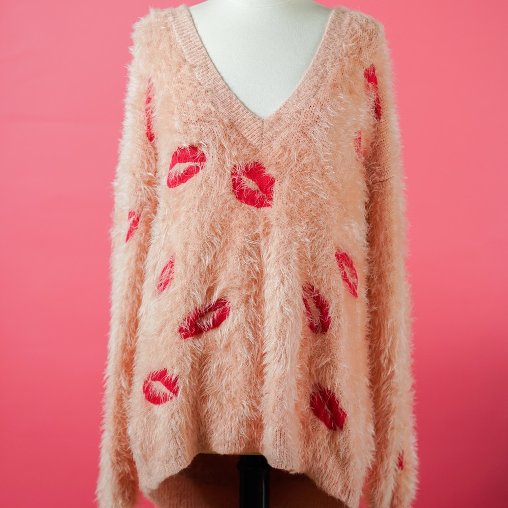 Nasty Gal Fuzzy Pink Sweater with Lip Design